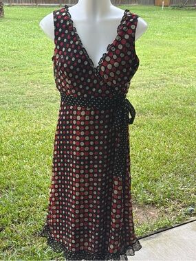 jonathan martin Black Wrap Midi Dress with Red and Cream Polka Dots